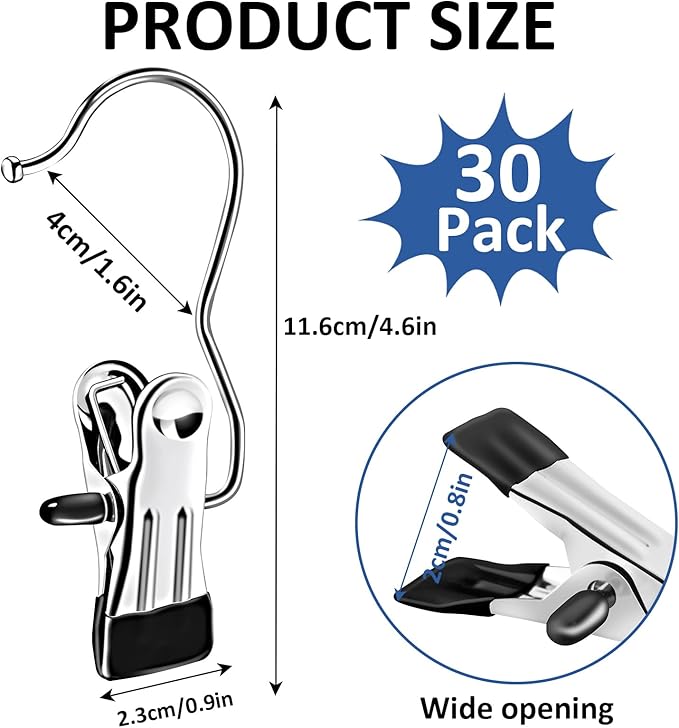 Boot Hangers for Closet,30 Pack Laundry Hooks with Clips,Stainless Steel Boot Hanger Clips,Portable Hangers Single Clip Space Saving Boot Clips for Hanging (Black)