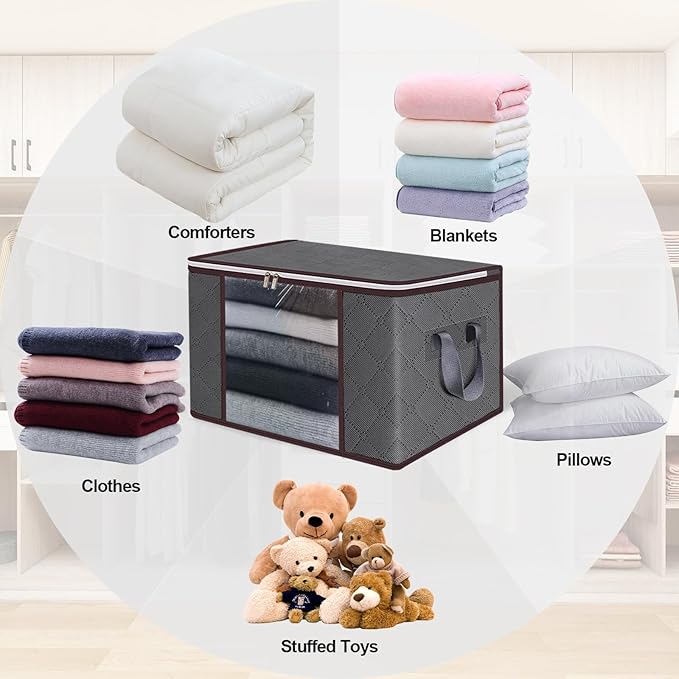 90L Large Storage Bags,6 Pack Foldable Clothes Storage Bins,Closet Organizers Storage Containers Durable Handle Thick Fabric For Bedding,Clothing, Blanket, Pillows and Toys,Grey