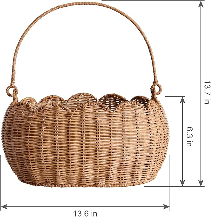 Scalloped Round Basket with Handle, Super Sturdy Wicker Storage Baskets, Hand Woven Basket for Shelves,Natural Baskets for Organizing (Rattan(12.6 * 9 * 6.1))