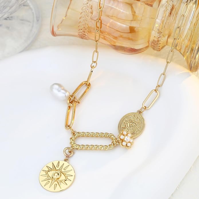 Chunky Gold Necklace for Women Gold Evil Eye Cowboy Pendant Necklace Dainty Paperclip Chain Vintage Luck Amulet Choker Necklaces Celestial Jewelry Gift