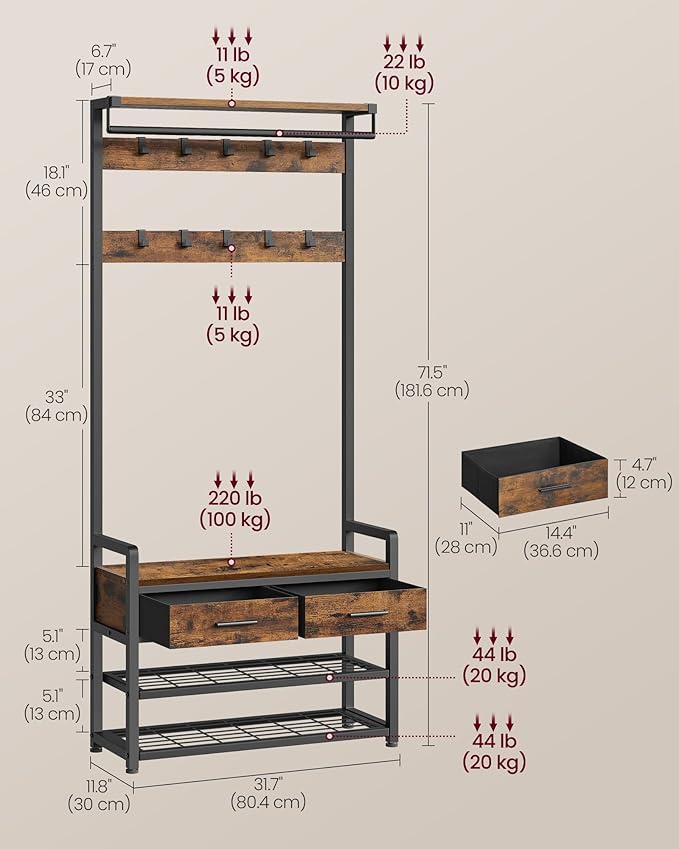 VASAGLE Hall Tree with Bench and Shoe Storage, Entryway Coat Rack with Shoe Bench, 2 Fabric Drawers, 10 Hooks, 11.8 x 31.7 x 71.5 Inches, Vintage Brown and Ink Black UHSR429B01