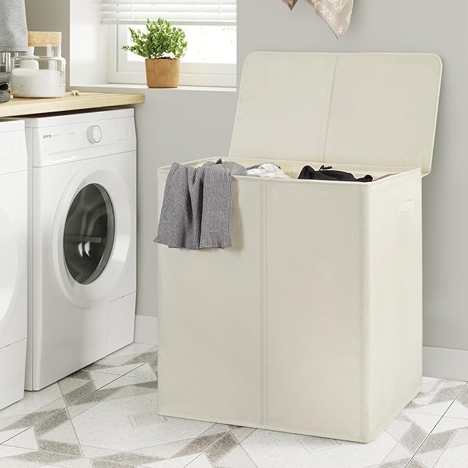 WOWLIVE 180L Double Laundry Hamper with Lid and Removable Laundry Bags, Large Dirty Clothes Hamper 2 section Collapsible Laundry Basket Dorm Room Storage for Bedroom, Bathroom, College,Beige