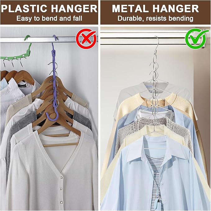 Space Saving Hangers, 4 Pack Metal Clothing Chain Hangers with 7 Holes, Closet Organizer & Cascading Hanger Organizer for Dorm, Home, RV, Wrinkle Reducing, Small Space Storage Solution