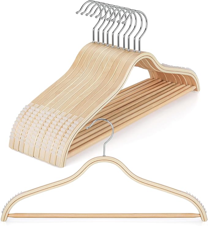 TOPIA HANGER Sleek Wooden Hangers with Non-Slip Rubber Grips, Sweater Hangers No Shoulder Bump, Lightweight Clothes Hangers 10-Pack, 360° Swivel Hook and Pants Bar-CT63N