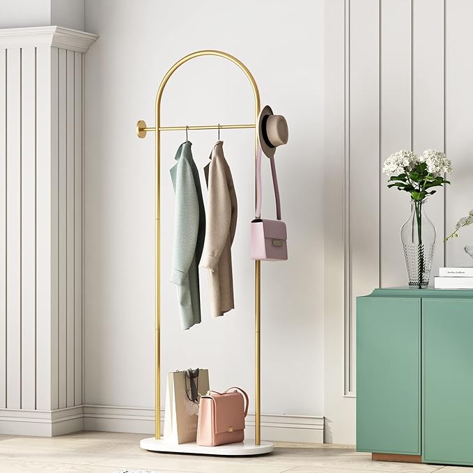 DR.IRON Modern Gold Clothes Racks with Shelves Freestanding, Gold Coat Racks with Marble Base & Coat Hanger with Umbrella for Entryway Hallway, Office or Bedroom