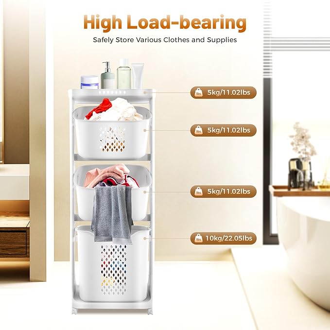 TFCFL 3-Tier Laundry Hamper Sorter Laundry Basket with Wheels, Rolling Laundry Hamper Cart with Wheels, Removable Rolling Laundry Baskets, Bathroom Cart for Dirty Clothes