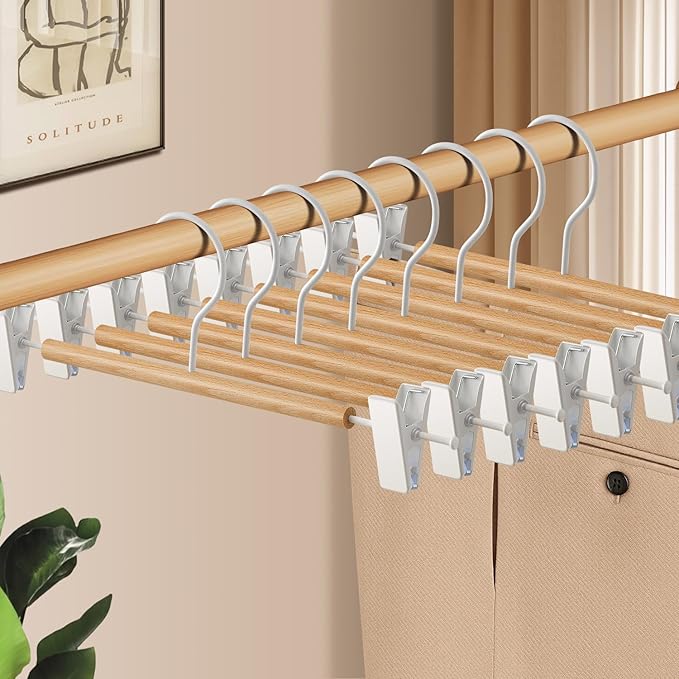 Wooden Pants Hangers with Clips 10 Pack Adjustable Wood Skirt Hangers for Women&Men Space Saving Closet Non Slip Clothes Hanger for Jeans,Trousers,Short,12Inch Natural