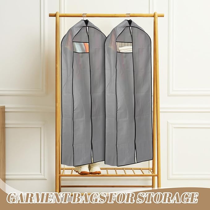 2 Pcs 10" Gusseted Garment Bags for Hanging Clothes Dress Bags for Gowns Long Closet Waterproof Garment Covers Wedding Dress Cover Traveling Clothes Protector (Grey,65 Inch)