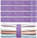 Bed Sheet Organizer Bands, Sheet Set Storage Size Marking Bands, Elastic Bedding Sheet Straps Wraps for Organizing Linen Closet（Queen 4PCs | Purple）