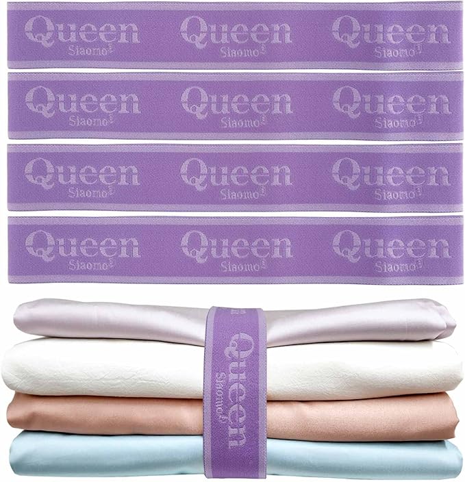 Bed Sheet Organizer Bands, Sheet Set Storage Size Marking Bands, Elastic Bedding Sheet Straps Wraps for Organizing Linen Closet（Queen 4PCs | Purple）