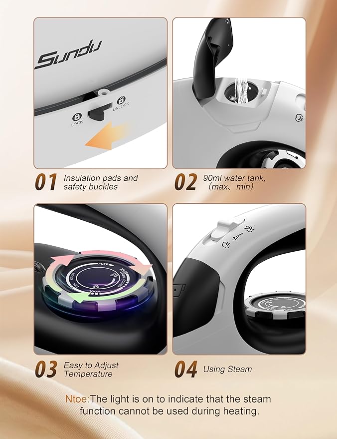 Sundu Small Steam Iron for Clothes, 1000W Travel Iron Portable with Silver Non-Stick Soleplate, 300 Microsteam Holes & 90ml Tank, Lockable Base for Quilting & Sewing (Silver)