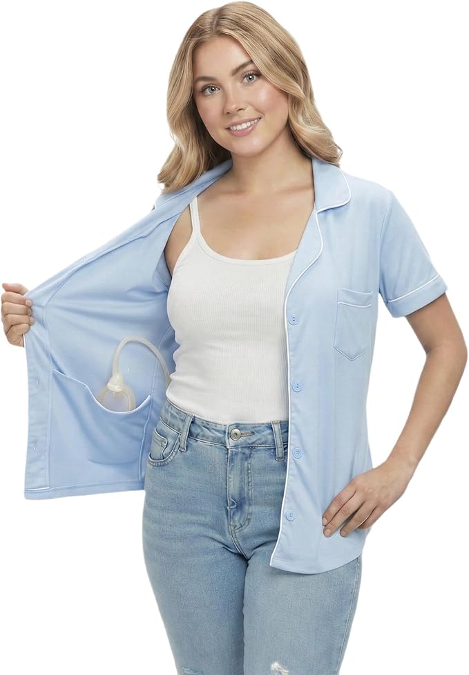 USBD Post Mastectomy Shirt with Drain Pockets Lapel Collar Post Op Button Down Recovery Tops