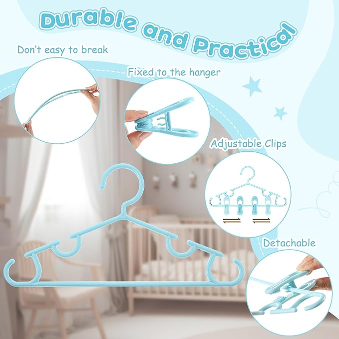 Hsei 5/10/40 Pack Baby Hangers with 10/20/80 Clips, Plastic Kids Pants Hangers for Nursery Closet Top and Bottom Clothes Hanger Set for Newborn Infant Toddler(120 Packs Total,Sky Blue,10.6 Inch)