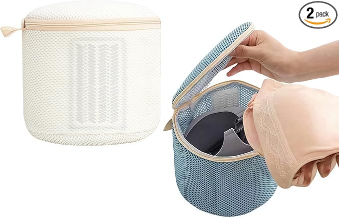 2 Pack Bra Washing Bags for Laundry, Large 7x6in Delicate Underwear Laundry Bags with 3D Structure, Double Frame Support, Soft Side Panels, Thick Mesh(2, Beige & Green)