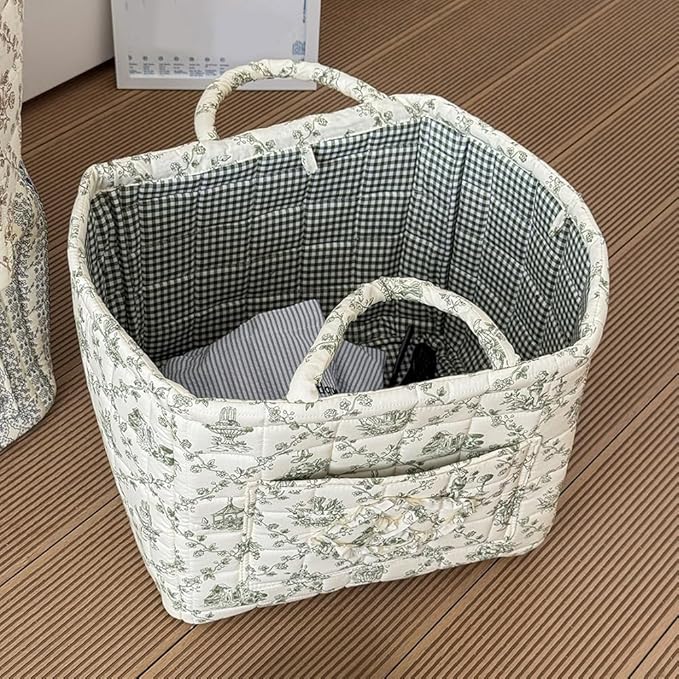 Quilted Fabric Basket Car Storage Basket Boho Floral Laundry Hamper for Nursery Bedroom & Living Room | Organize Clothes Toys