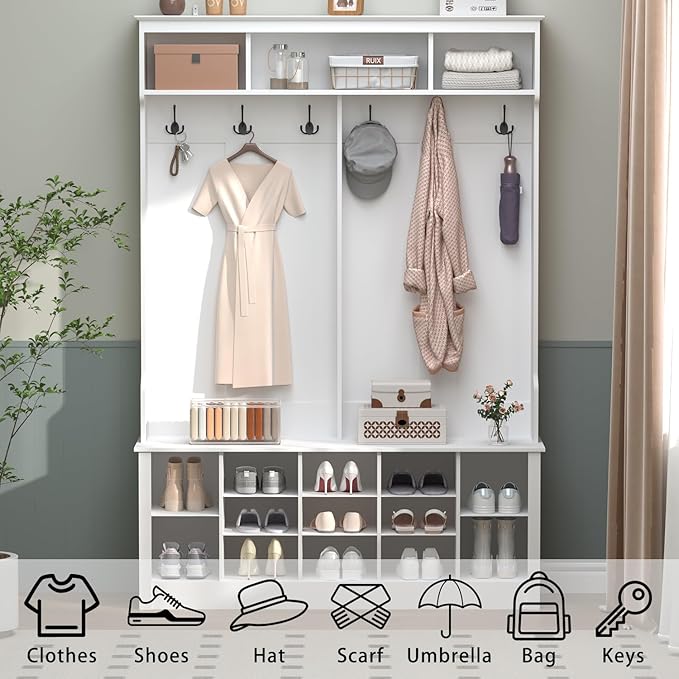 Hall Tree with Bench and Shoe Storage, 53" Farmhouse 4-in-1 Mudroom Storage Organizer with Coat Rack, 6 Hooks, 12 Shoe Cubbies, Adjustable Shelf, for Entryway, Hallway, Living Room, White