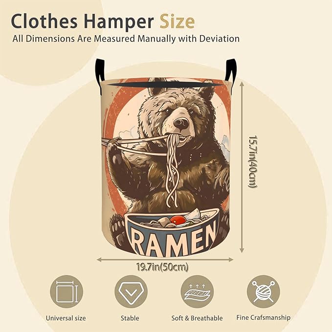 Funny Ramen Bear Laundry Basket Hamper for Boys Girls Kids Adults, Foldable Waterproof Oxford Clothes Storage Bin, Cute Retro Noodle Food Organizer for Bedroom Bathroom Room Decor 19.7"x15.8"