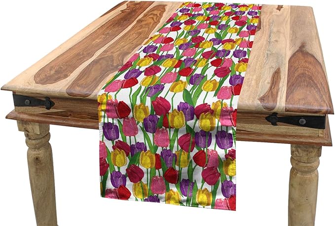 Lunarable Tulip Table Runner, Group of Mixed Complex Repeating Tulip in Diverse Colors Seasonal Nature Garden Image, Dining Room Kitchen Rectangular Runner, 16" X 72", Purple Mustard