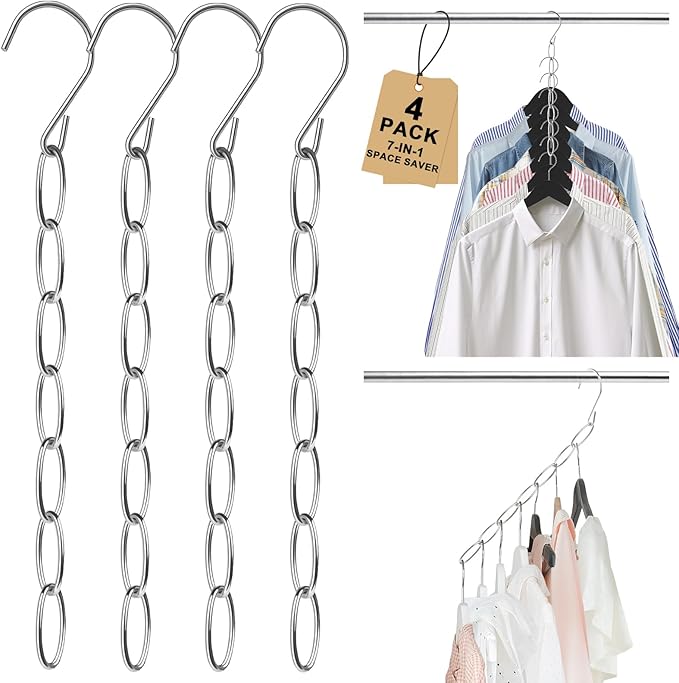 Space Saving Hangers, 4 Pack Metal Clothing Chain Hangers with 7 Holes, Closet Organizer & Cascading Hanger Organizer for Dorm, Home, RV, Wrinkle Reducing, Small Space Storage Solution