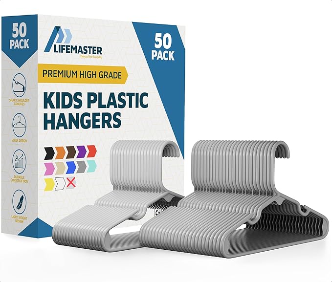 Lifemaster Plastic Kids Clothes Hangers – Children Clothes Hanger with Shoulder Notch, 11.6 Inch Space-Saving Closet Organizer for Baby, Toddler, and Kids Clothing, Hold Up to 5 lbs, Pack of 50, Gray