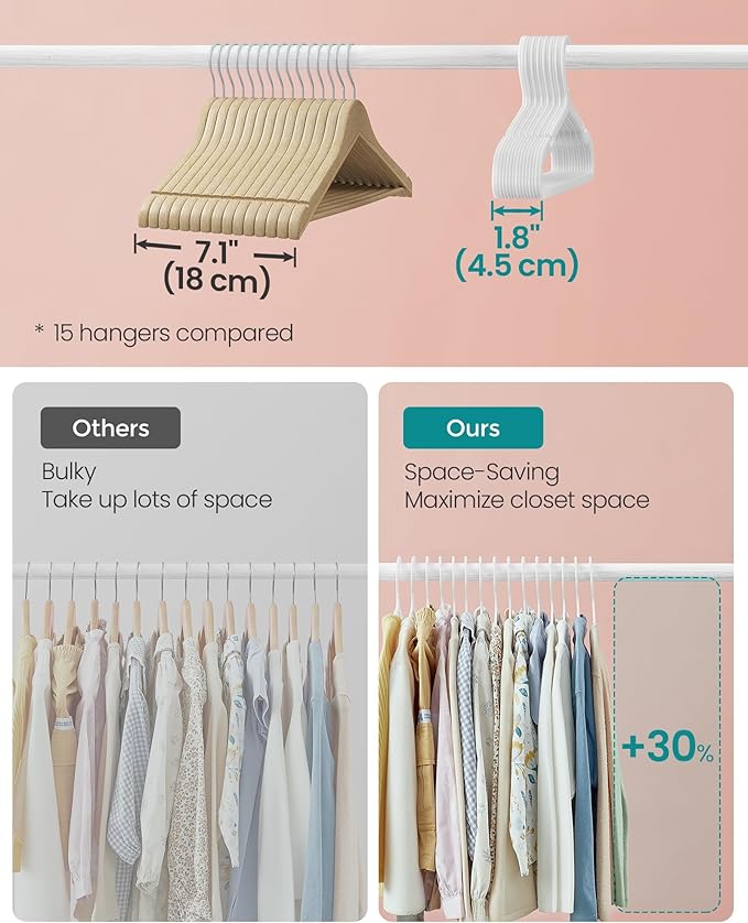 SONGMICS Kids Hangers 60 Pack, Plastic Baby Hangers for Closet, 14 x 7 Inches, for Children Aged 7-12 Years, Space-Saving, Non-Slip, Cloud White UCRP090W01