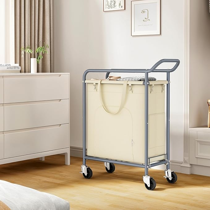 Laundry Basket with Wheels,150L Large Rolling Laundry Hamper, Heavy-Duty Laundry Cart Sturdy Metal Frame with Handle, Minimizes Bending Easy Access Clothing for Bedroom, Bathroom, Laundry Room (Beige)