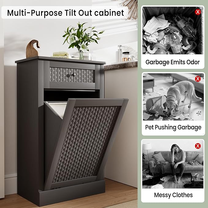Tilt Out Laundry Hamper Cabinet, Rattan-Style Laundry Room Organization with Removable Laundry Basket, Hidden Wood Dirty Clothes Hamper with Drawer, 21.6" L x 13" W x 35.8" H, Gray