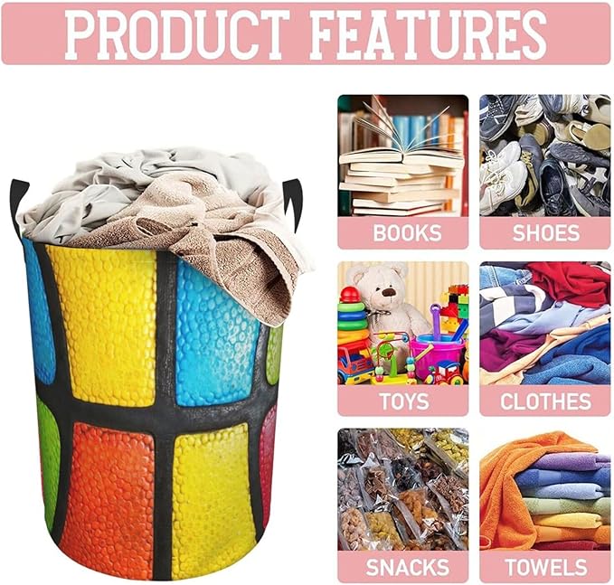 Basketball Texture Colorful Round Laundry Hamper Sport Ball Storage Basket Toys Clothes Organizer Bin For Home Bathroom Bedroom Dorm Nursery, 38l