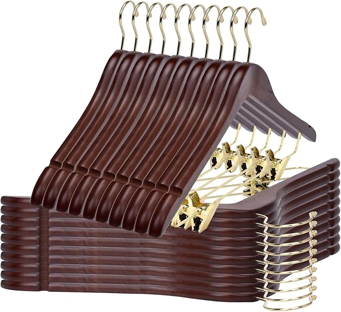 Quality Wooden Skirt Hangers with Clips - 20 Pack Walnut Pants Hangers with Adjustable Gold Metal Clips, Swivel Hook for Coats, Jackets, Blouses, Suits