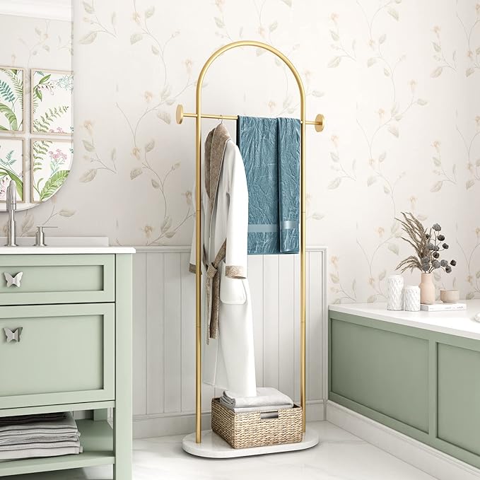 DR.IRON Modern Gold Clothes Racks with Shelves Freestanding, Gold Coat Racks with Marble Base & Coat Hanger with Umbrella for Entryway Hallway, Office or Bedroom