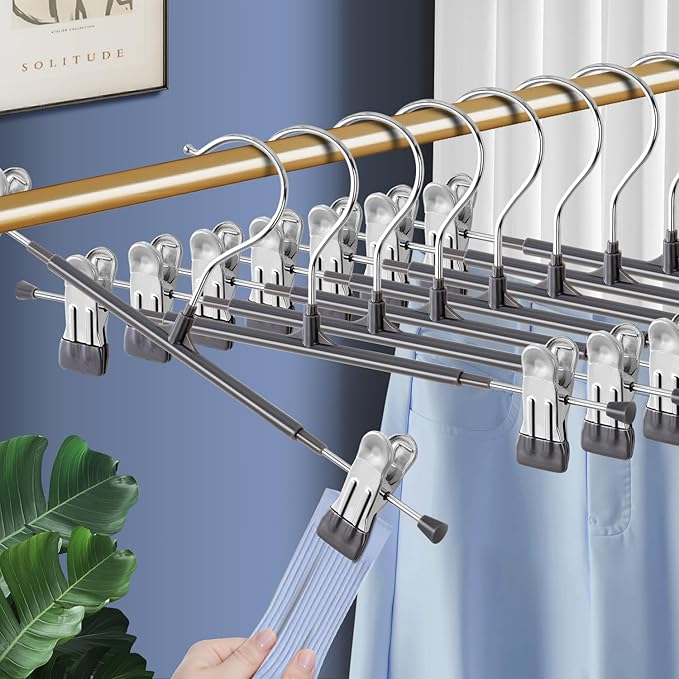 20PACK 14Inch Pants Hangers with Clips Adjustable Skirt Hangers for Women Metal Non-Slip Trousers Hanger Heavy Duty Space Saving Clothes Hanger for Shorts,Jeans,Gray