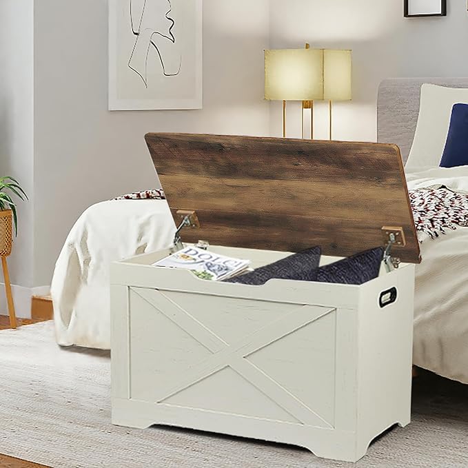 Storage Chest, Wooden Storage Bench, Entryway Shoes Bench with 2 Safety Hinges, for Living Room, Bedroom, 15.7 x 31.5 x 18.9 Inches, Brown and Rustic White
