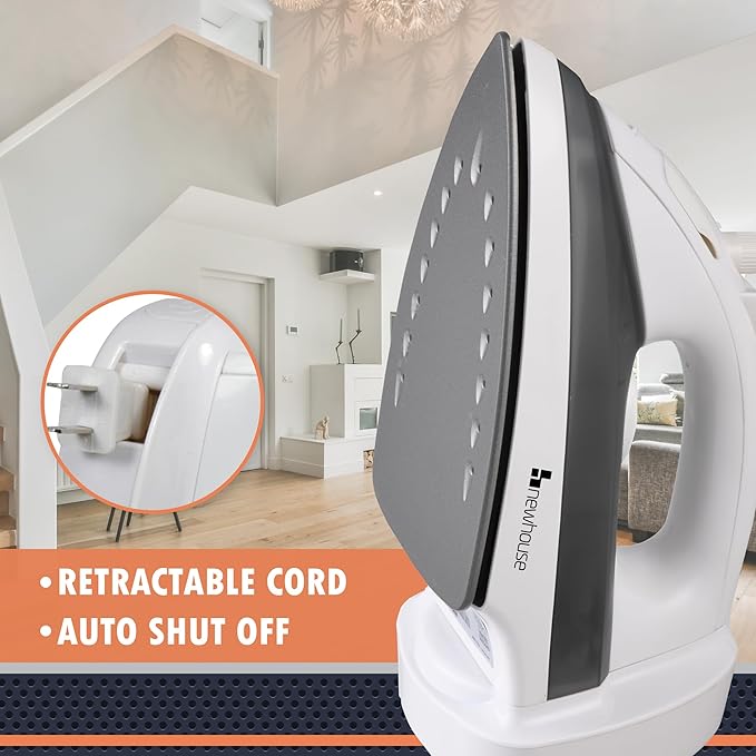 Newhouse 120V 1200-Watt Retractable Cord Steam and Spray Iron NHIR-001-R, Retractable Cord, Self-Cleaning, ETL Certified Home Essential