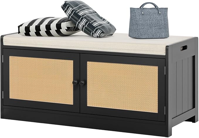 Anmytek Rattan Shoe Bench, Entryway Bench with Shoe Storage Wooden Shoe Rack Bench with Cushion Seat & Adjustable Shelves, Storage Bench for Entryway Black (39.8" W X 15.7" D X 18" H)