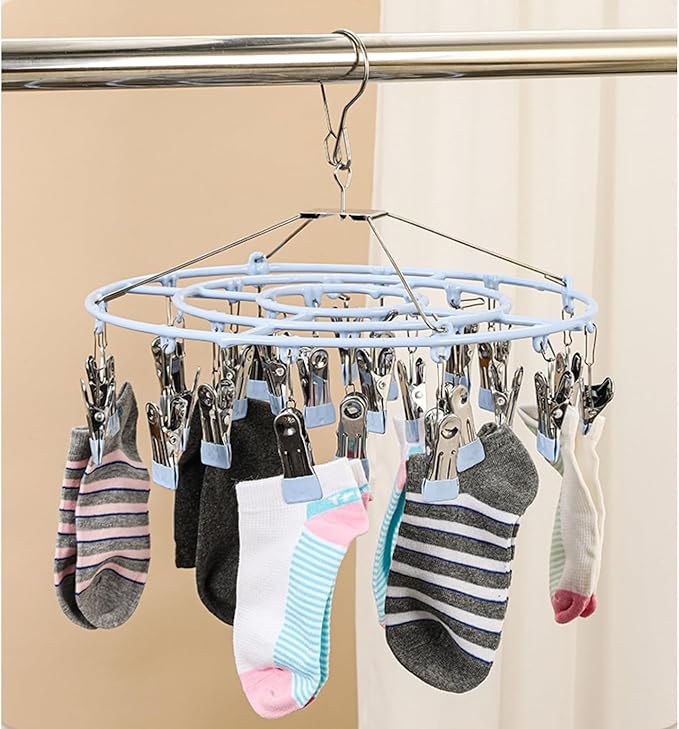 Drying Rack for Sock, Stainless Steel Sock Drying Rack with 24 Clips, Swivel Hook Windproof Hanger for Sock, Bras, Towel, Underwear, Laundry, Hat, Scarf, Pants, Gloves(Pink)