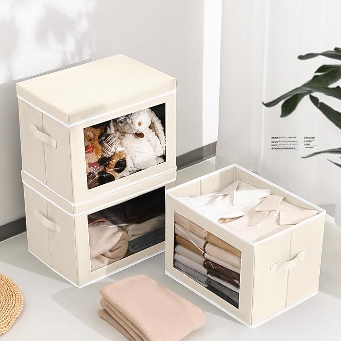 Storage Bins with Lids - Large Decorative Basket with Lids, Fabric Foldable Closet Organizer Bins, Stackable Shelf Organizer for Living Room, Dorm, 5 Pack, Beige