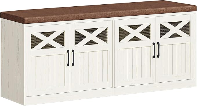 2 Tier Shoe Storage Bench with Doors, 47.2" Farmhouse Shoe Bench with Padded Cushion, 12 Pairs of Bed End Bench, Entryway Bench with Storage for Bedroom, Living Room, Rustic White SB61214KA