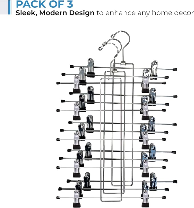 Pants Skirt Hangers Space Saving Heavy Duty 5 Tier Pack of 3 Metal Hangers - Clothes Hangers, Stainless Steel Hangers with Clips for Pants, Skirts, Jeans- Durable and Non-Slip Clothes Hangers