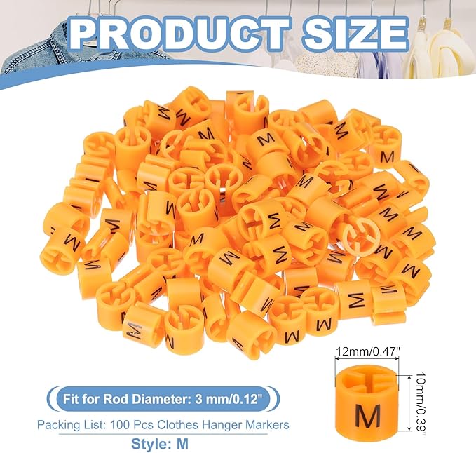 PATIKIL 100 Pcs Clothes Hanger Markers, m Size Tags Fit 3mm Rod Garment Size Hanger Clips Color Coding Label for Clothing Hangers, Orange