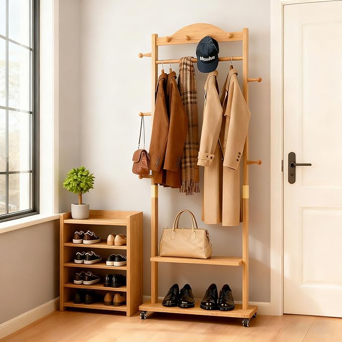 Coat Rack Freestanding Clothing Rack with Wheels - Heavy Duty Clothes Rack with 2 Shelves, Wooden Coat Hanger Stand with 4 Top Hooks & 5 Side Hooks for Entryway Hallway Living Room Office