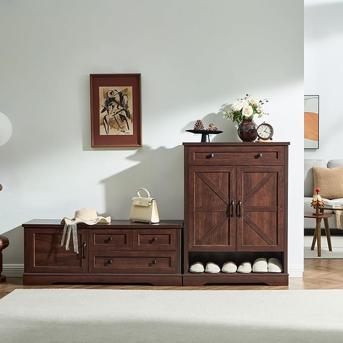 SOOWERY 48 Inch Cherry Wood End of Bed Storage Bench, Farmhouse Bed Bench with Drawers and Cabinet, Rustic Shoe Storage Bench for Entryway, Bedroom, Living Room