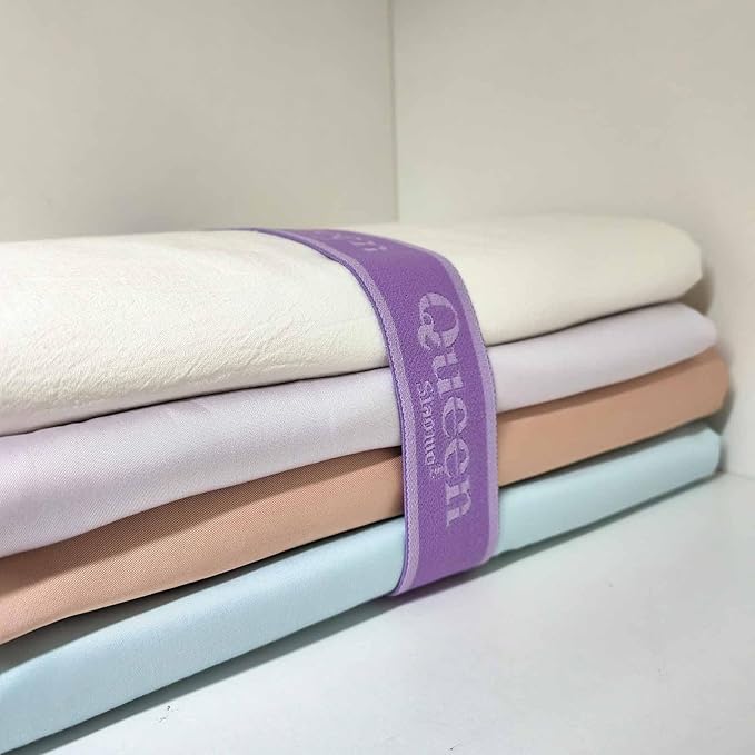 Bed Sheet Organizer Bands, Sheet Set Storage Size Marking Bands, Elastic Bedding Sheet Straps Wraps for Organizing Linen Closet（Queen 4PCs | Purple）