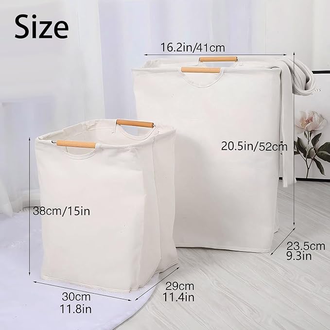 Collapsible Laundry Hamper Bag with Wooden Handles - 55L/14.5 Gallon Large Capacity Waterproof Oxford Cloth Storage Basket, Freestanding No Wire Frame, for Dorm Room, Bedroom, Bathroom (Large)