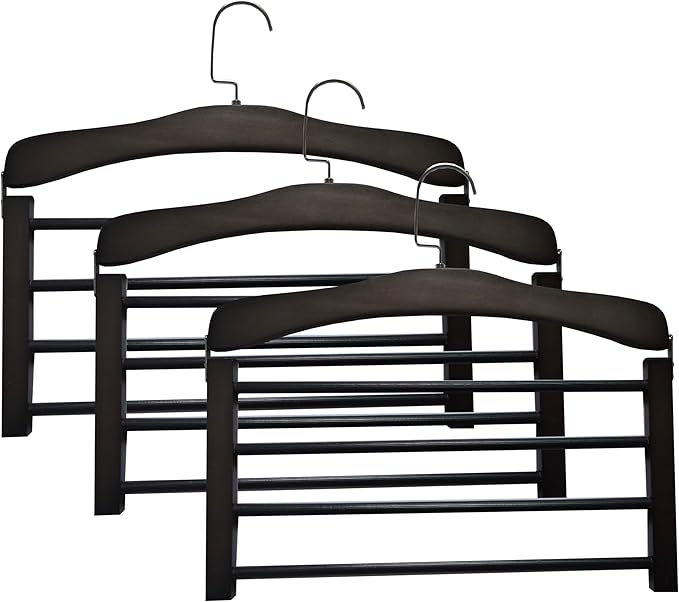 Wooden Pant Hanger Space Saving - 4 Tier Closet Storage Hanger Organizer for Jeans Legging Scarves Pants Towels, 3 Packs, Black