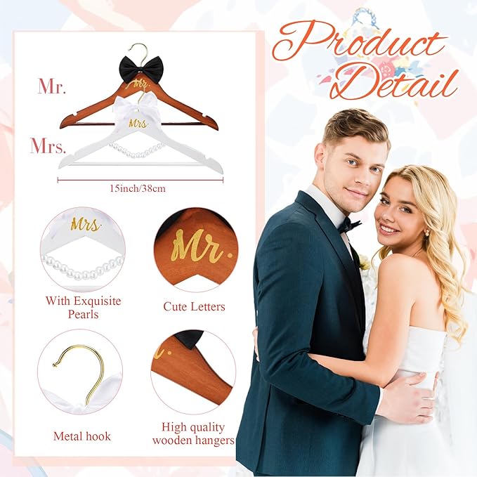 2 Pcs Bride Hanger for Wedding Dress Bride and Groom Wooden Wedding Dress Hanger Set with Bow Tie for Tuxedo Suit Gift Bridal Party Shower