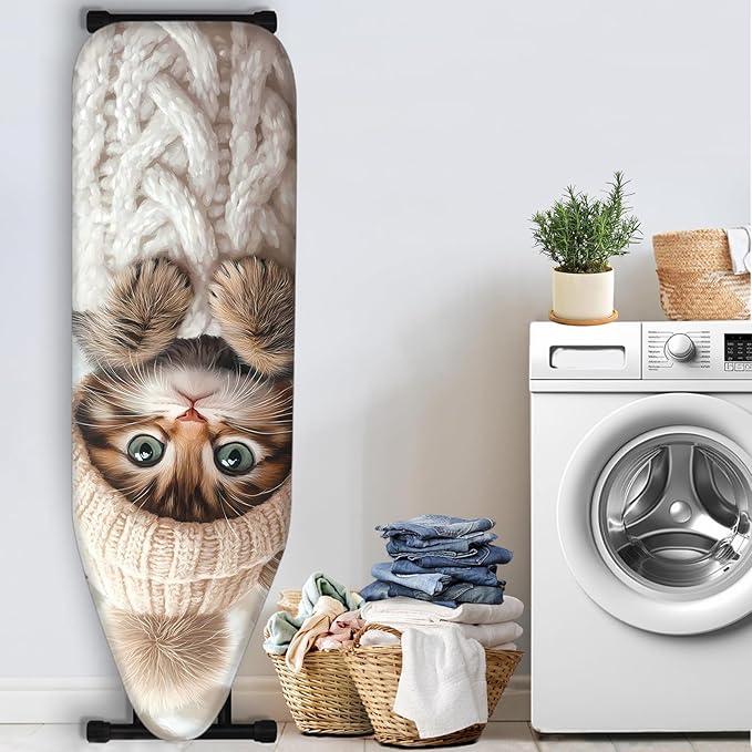 Nuxovilar Cute Kitten in Knitted Outfit Ironing Board Cover, 15×54inch, This Cover Fits Most Standard Boards, Dust - Proof Ironing Accessory for Home Decoration
