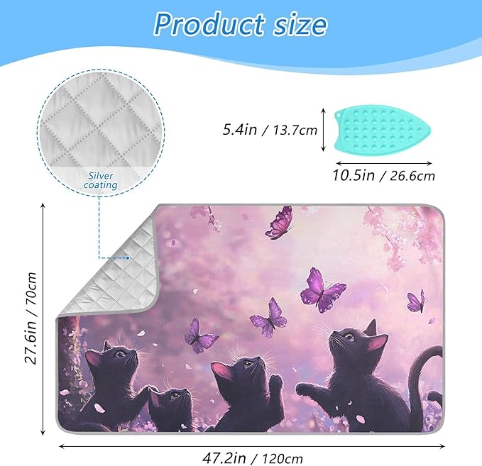 Ironing Mat &Pad Magnetic Heat Resistant Pads Portable Travel Ironing Blanket Ironing Board Covers 27.6x47.2Inches Purple Cat and Butterfly28