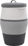 26"x20" Handcrafted Tall Cotton Rope Basket with Lid, Stylish Flagon Shape with Cover, Clothes Hamper with Top, for Bedroom and Living Room, White/Grey Mix/Dark Grey