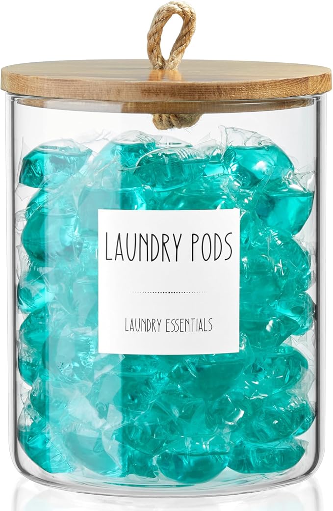 Glass Laundry Pods Container, Half Gallon 2 Liter Laundry Jars with Wood Lids for Laundry Room Organization and Storage, Powder Detergent Holder for Laundry Room Decor and Accessories