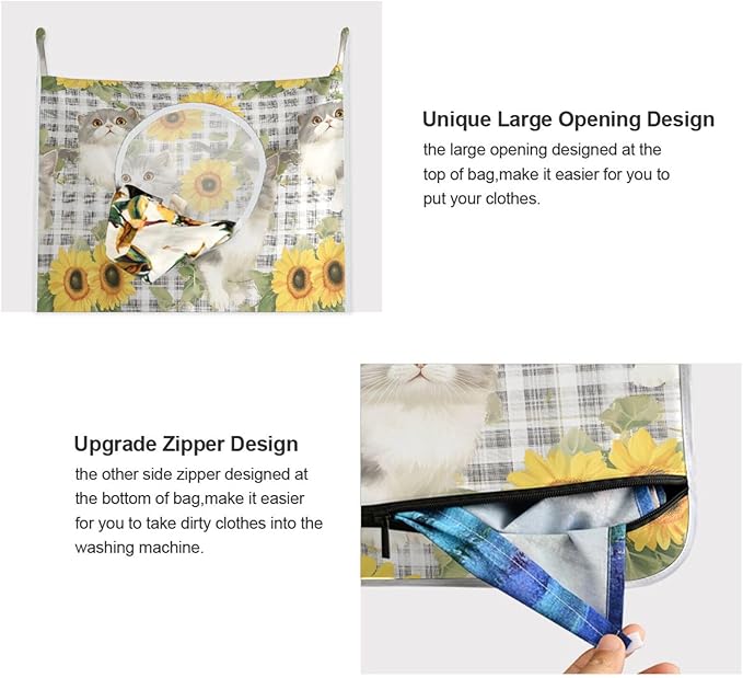 Hanging Laundry Hamper with Stainless Steel Hooks,Oxford Fabric Printing Door Laundry Clothes Bag, 29.5X20inch 1PCS Grey Gingham Scottsih Fold Cat Sunflower